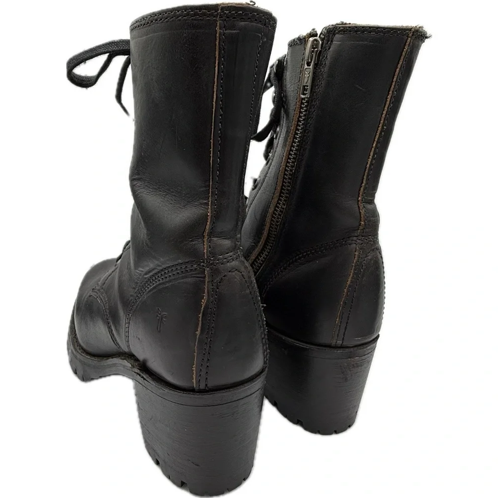 FRYE Black Leather Lace-Up Moto Boots Sabrina Sz 8 - Picture 5 of 12